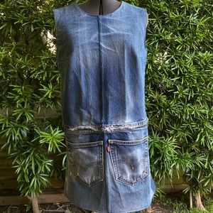 Upcycled backless denim shift dress. Made out of vintage 501 Levi’s. Size s/m.